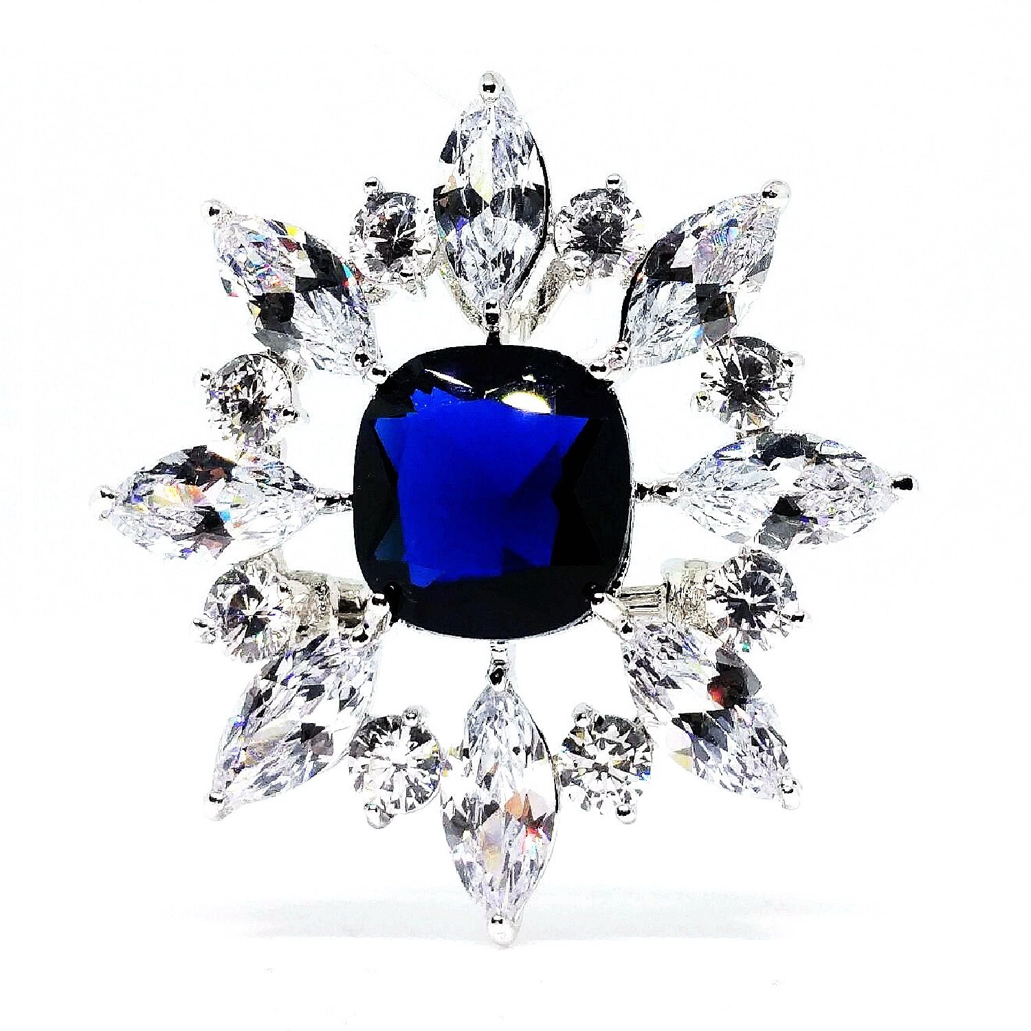 Dreamlandsales Victorian Vintage Royal Blue Square Stone Domed Burst Flower Brooch Pin - Elegant Jewelry, Brass, cubic zirconia — image 1