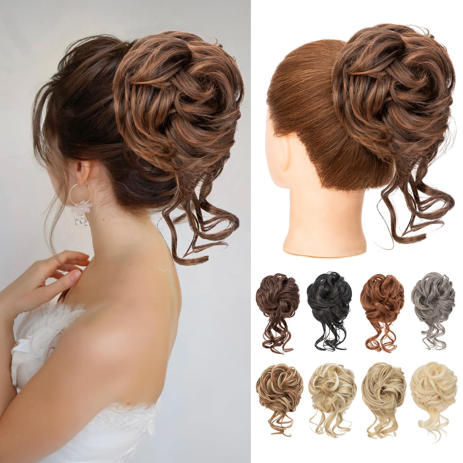 Benehair Messy Bun Hair Piece Claw Clip Wavy Curly Hair Bun Extensions Synthetic Hair Bun Donut Accessories Scrunchies Hair Pieces for Women(Dark Brown mix Light Brown, 75g)