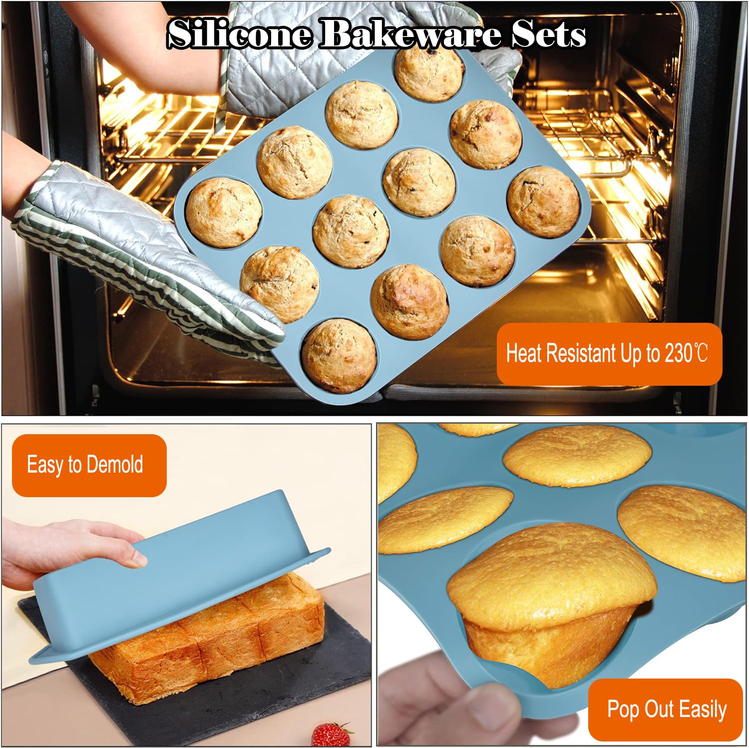 Hansanti 7in1 Silicone Bakeware Baking Set, Kitchen Bake Pans Molds Tray for Oven with BPA Free Round/Square Cake Pan, Loaf Pan, Muffin Pan for Bread Pizza Cheesecake Cupcake Pie Desserts
