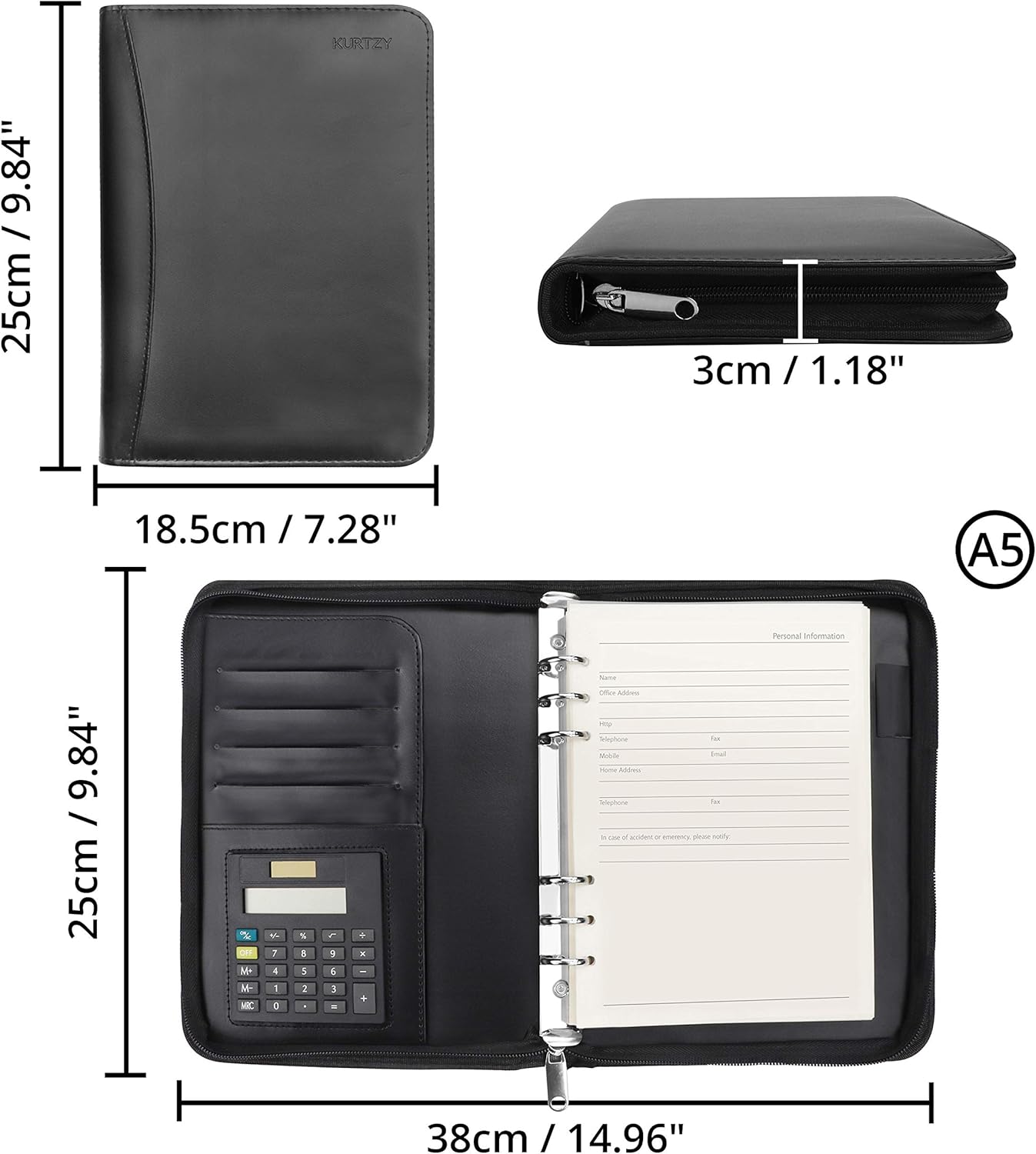 Kurtzy A5 Zipped Conference Folder Black Personal/Work Organiser Padfolio Business Travel