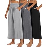 Huukeay 3 Pack Wide Leg Pants for Women, Lounge Yoga Pants High Waist Loose Casual Trouser Cropped Palazzo Capri with Pockets