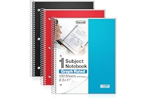 Dunwell Graph Paper Notebook 8.5 x 11 (3-Pack Red Blue Black) Plastic Cover, 100 Sheets (200 Pages), Perforated 3-Hole Punched, 4x4 Squares, Spiral Notebook, 1/4" Grid, Divider with Pockets