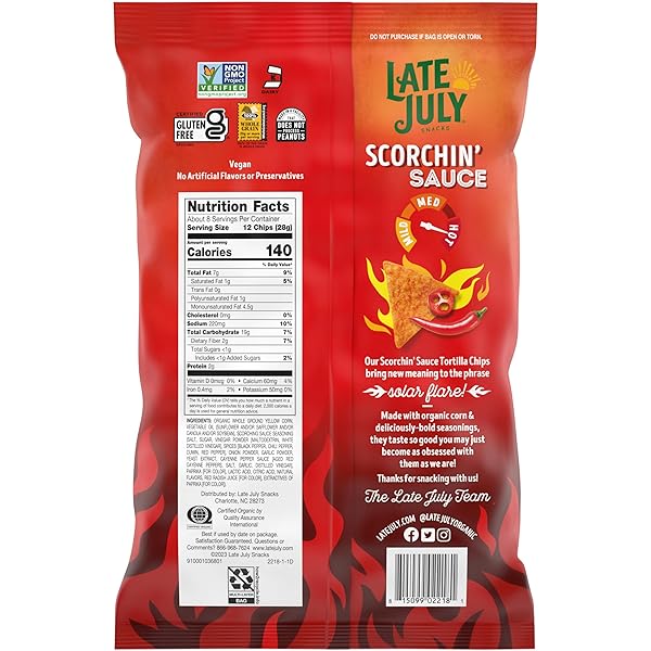LATE JULY SNACKS, SCORCHIN’ SAUCE CORN TORTILLA CHIPS, 7.8 OZ. BAG