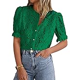 PRETTYGARDEN Womens 2026 Spring Lace Tops Short Puff Sleeve Casual Dressy Blouses Eyelet Crew Neck Button Down Shirts