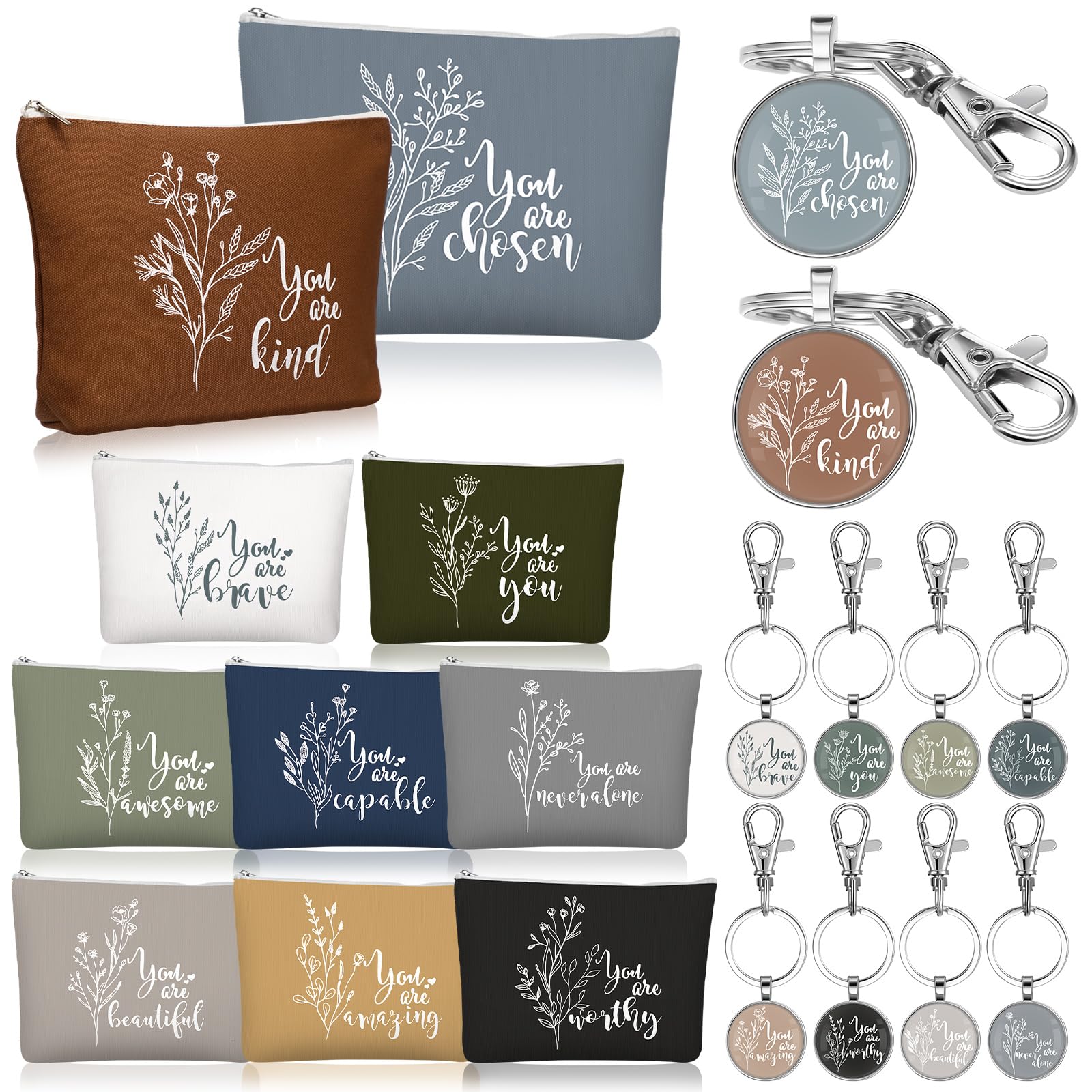 Photo 1 of Sieral 20 Pcs Bulk Inspirational Gifts for Women Canvas Makeup Bags Cosmetic Bag Toiletry Pouch with Keychain Appreciation Return Gifts for Girls Employee Nurse Teacher Friend Birthday(Aesthetics)