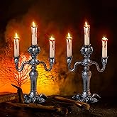 JOYIN 2 Pcs Skull Candelabra Halloween Decorations Indoor LED Lights Flameless Candles Holder, Scary Haunted House Mansion Decor for Table Home Party