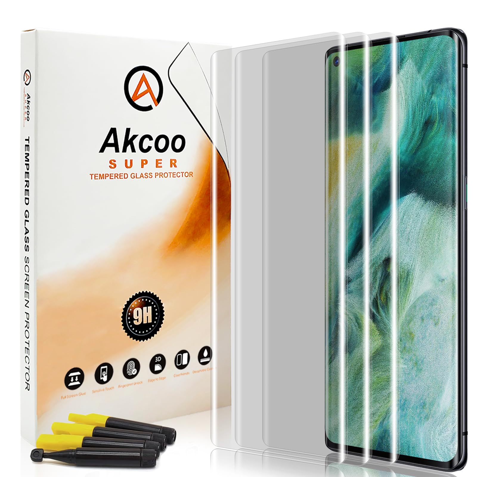 Akcoo Screen Protector for OPPO Find X2 Neo,Tempered Glass - 3 Pack [UV Set], Scratch Repair,Sensitive and Smooth Touch,Anti-Shatter,Anti-Fingerprint