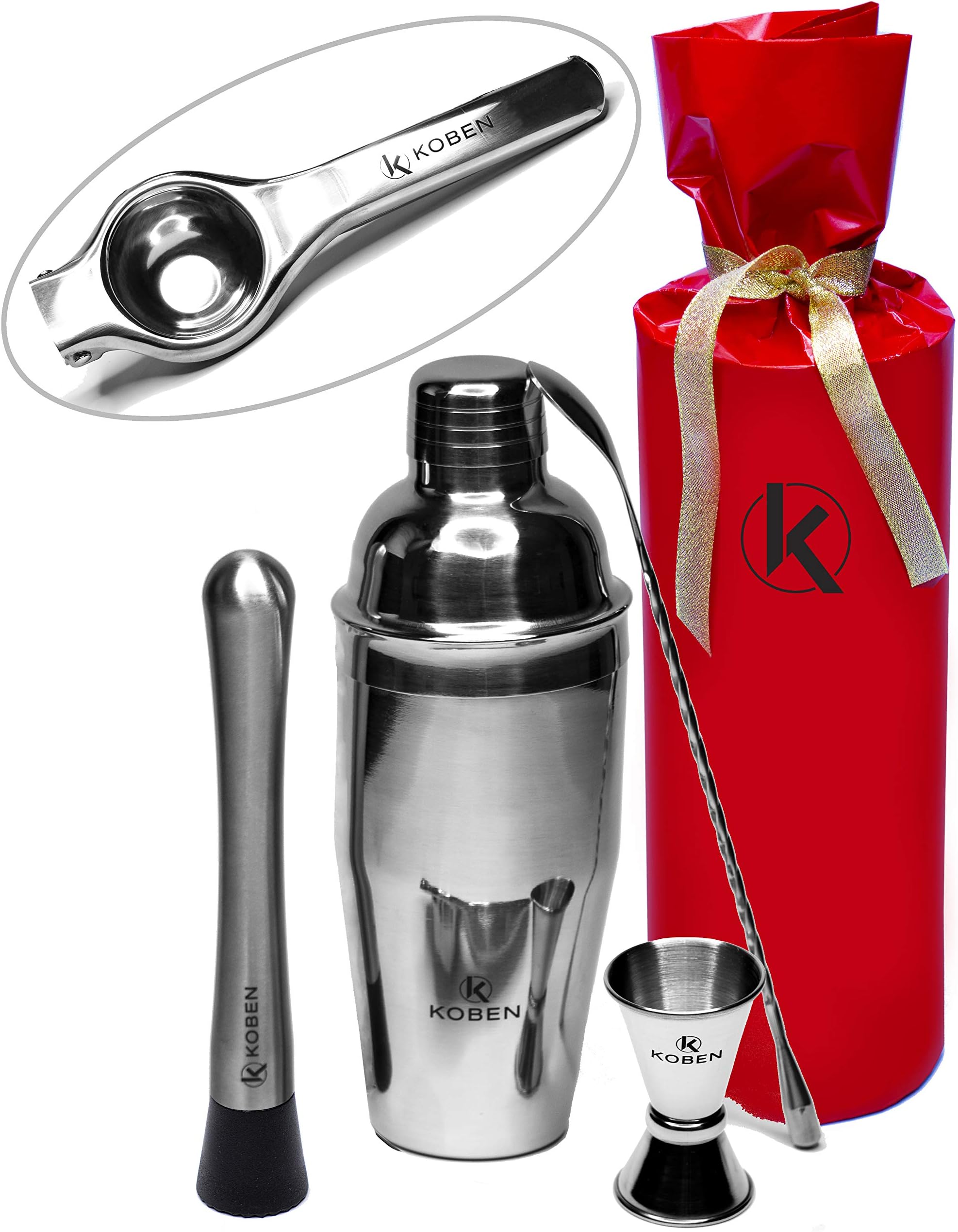 Professional Bartender Kit Cocktail Shaker Set: 26 oz 304 Stainless Steel Martini Shaker, Citrus Squeezer, Muddler, Jigger, Mixing Spoon and eBook Bonus…