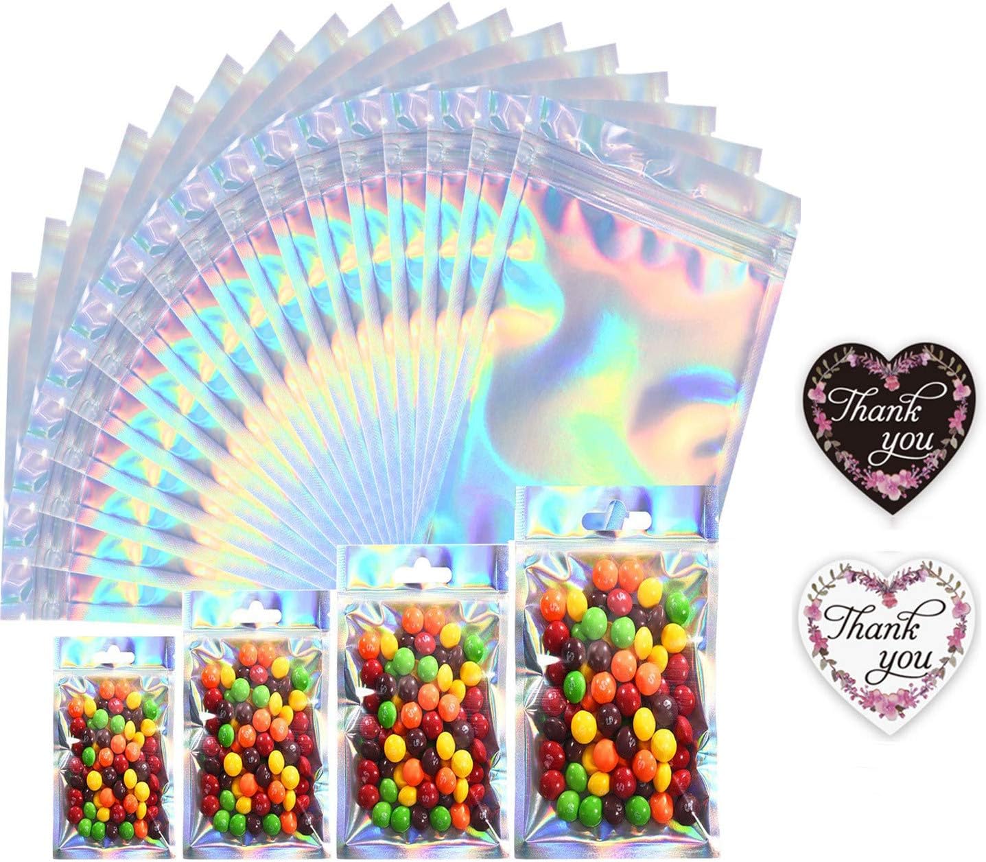 50Pcs Mylar Packaging Bags Holographic Reusable Smell Proof Flat Ziplock Storage Bags for Snack Coffee Beans Candy Nuts Soap Sample Lip Gloss Jewelry with Free 50Pcs Thank You Stickers(3.5x4.7in)