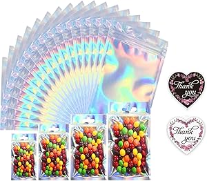 50Pcs Mylar Packaging Bags Holographic Reusable Smell Proof Flat Ziplock Storage Bags for Snack Coffee Beans Candy Nuts Soap Sample Lip Gloss Jewelry with Free 50Pcs Thank You Stickers(3.5x4.7in)