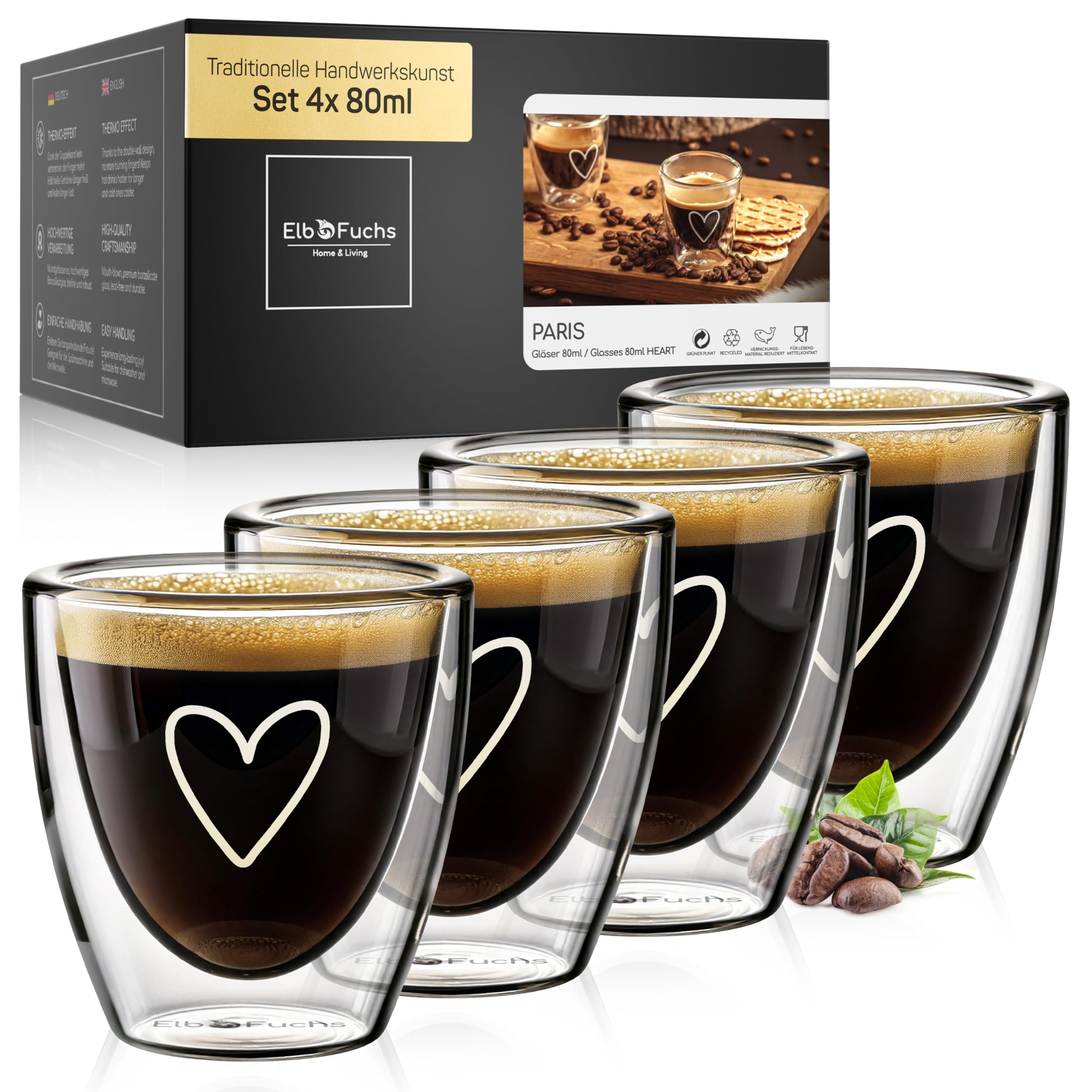 ElbFuchs® Espresso Cups Set (4 x 80 ml) Double-Walled Espresso Glasses Set, Thermal Glasses, Double-Walled, Mocha Cups, Dishwasher Safe Espresso Coffee Cups for All Standard Fully Automatic Coffee