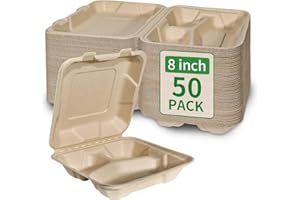 Aricsen Compostable 50 Pack 8x8 Inch 3 Compartment Takeout Lunch Box Containers with Lid, To Go Take Out Clamshell for Food, Disposable Eco-Friendly Biodegradable Bagasse, PFAS-Free, Unbleached Brown