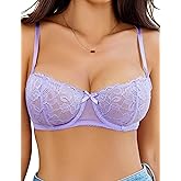Avidlove Women's Sexy Lace Bra Sheer Balconette Underwire Unlined Everyday Bras Lingerie Lilac