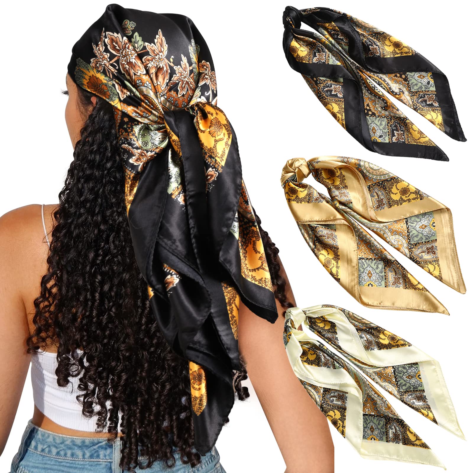 Photo 1 of 35" Satin Square Hair Scarf Bandanas - 3Pcs Large Silk Head Scarves Lightweight Satin Hair Kerchief Sleeping Hair Wraps for Women (Camel + Black + Beige)