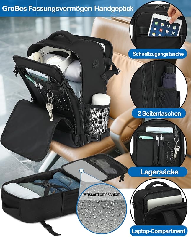 Handgepäck Rucksack 40x30x20 cm Travelite Reiserucksack 24L für Ryanair EasyJet Eurowings Flugreisen 15,6 Zoll Laptop, Schwarz
