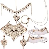 Aheli Bollywood Style Indian Bridal Choker Necklace Matha Patti Nose Ring Haath Phool Wedding Fashion Bharatanatyam jewellery set Gift for Women