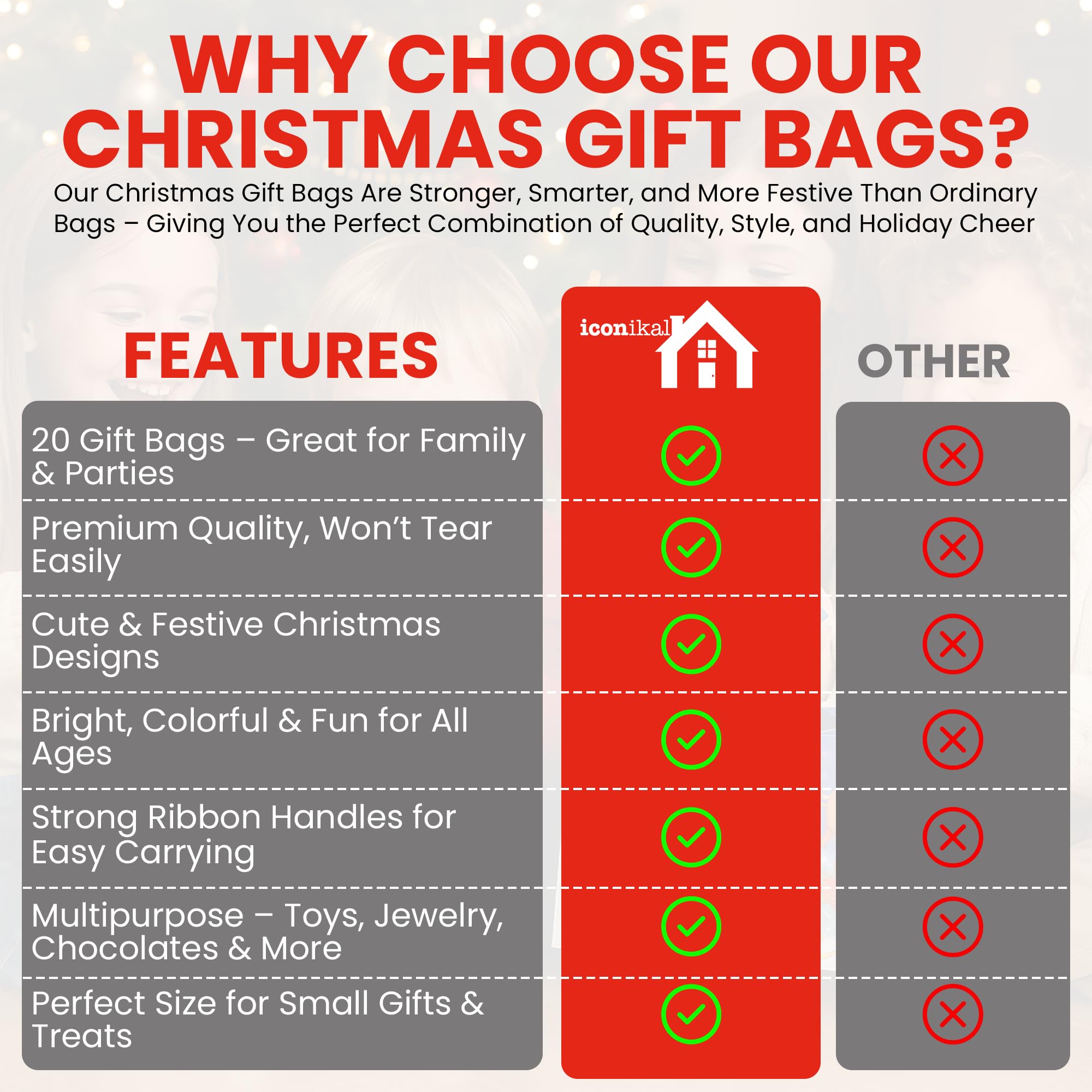 Iconikal 20-Pack Christmas Gift Bags, Small 4x6x2.5-Inch, Snowman Santa Reindeer, Ribbon Handles