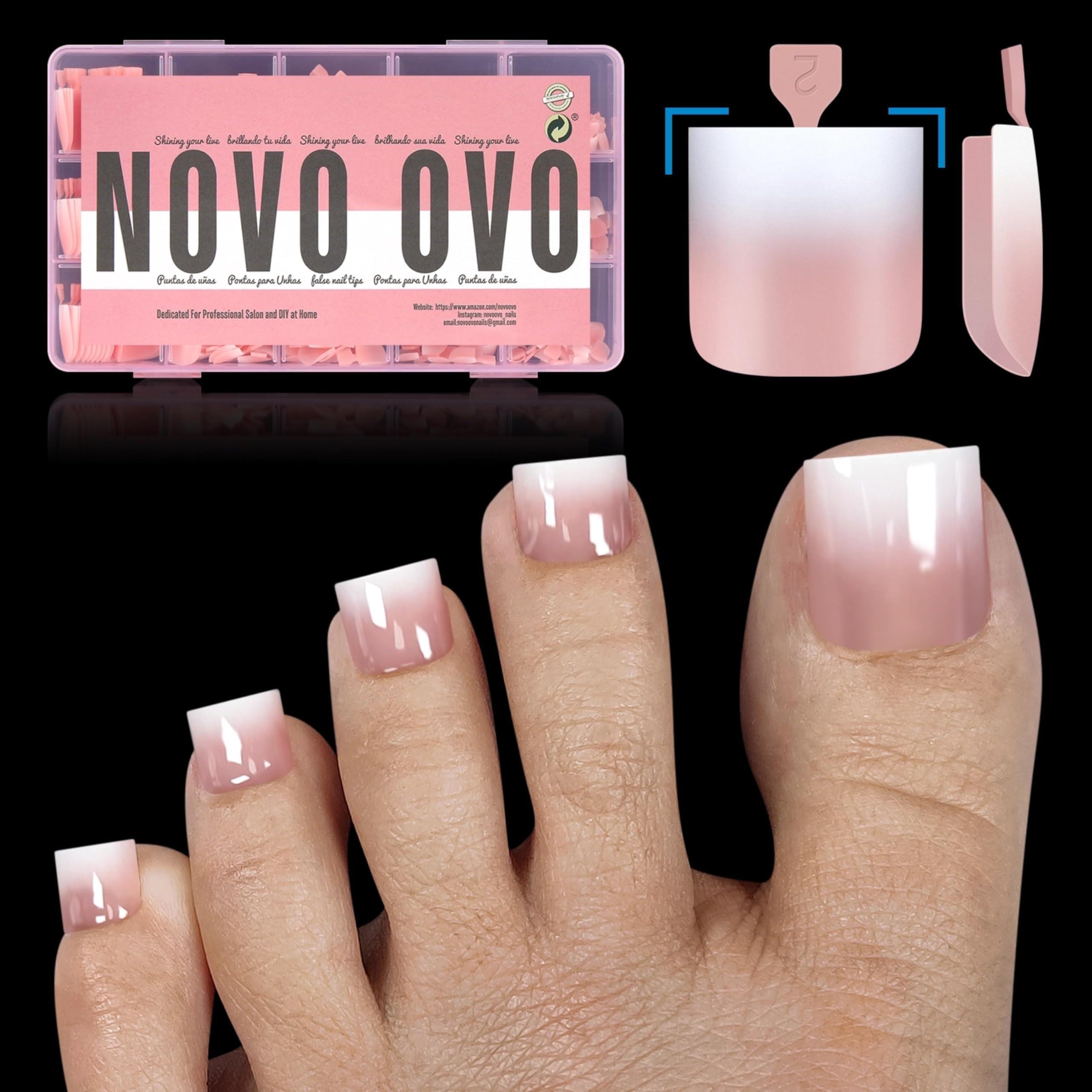 NOVO OVO Ombre French Tip Press on Toe Nail Tips, Sharp Square Pre-Designed Soft Gel False Toenail Extension, BABY PINK Pre-applied Tip Primer & Base Coat, Full Cover Acrylic DIY x 15 Sizes 240 pcs — image 1