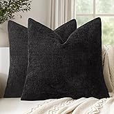 Woaboy Set of 2 Textured Throw Pillow Covers Decorative Soft Accent Square Chenille Pillowcases Neutral Farmhouse Cushions Modern Home Decor for Couch Sofa Bedroom Living Room 18x18 Inch,Black