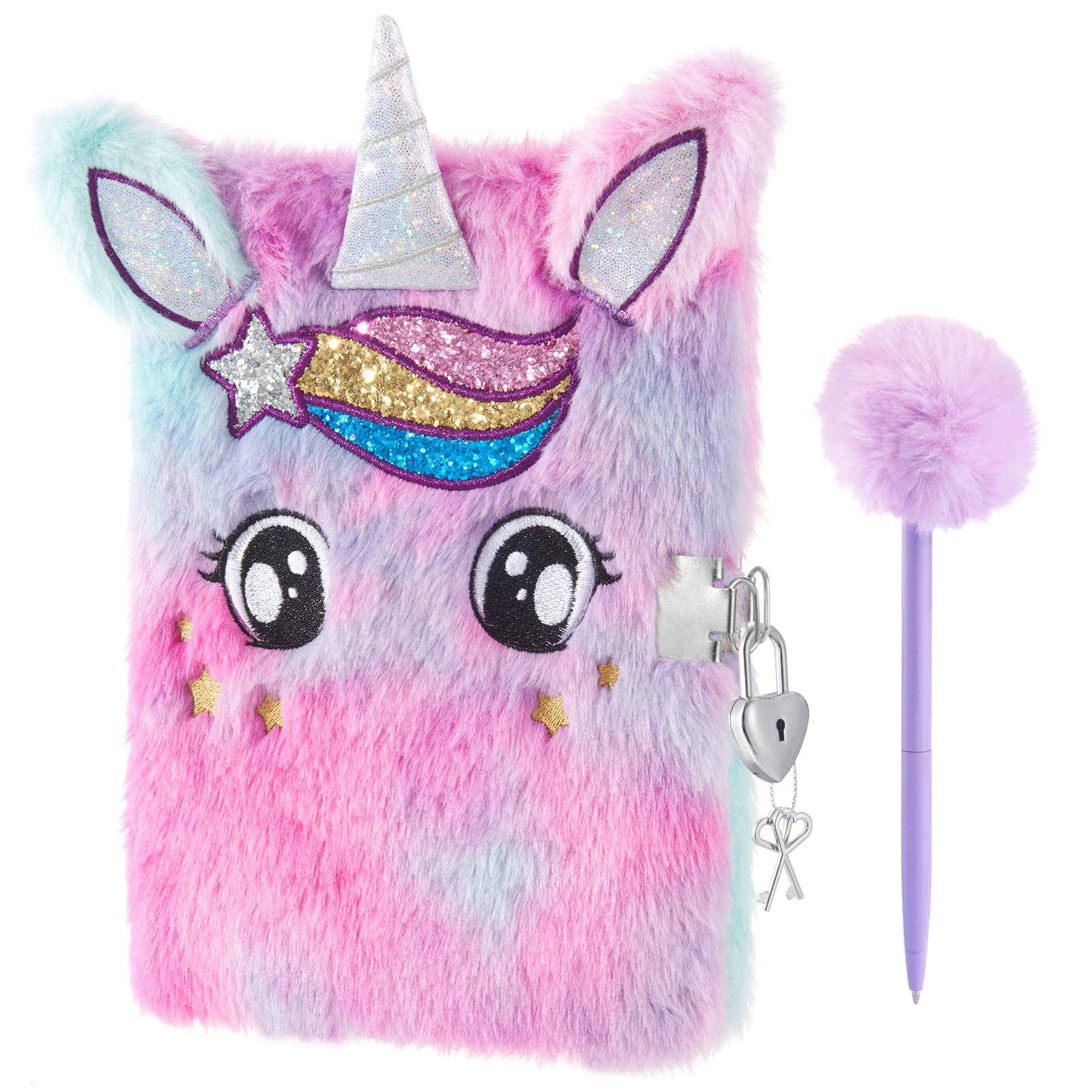 WERNNSAI Plush Unicorn Notebook Set - Sparkly Journal Unicorn Diary for Girls Kids Gift Embroidery Fuzzy School Travel A5 Secret Lined Notepad Ballpoint Pens Tape with Locks and Keys