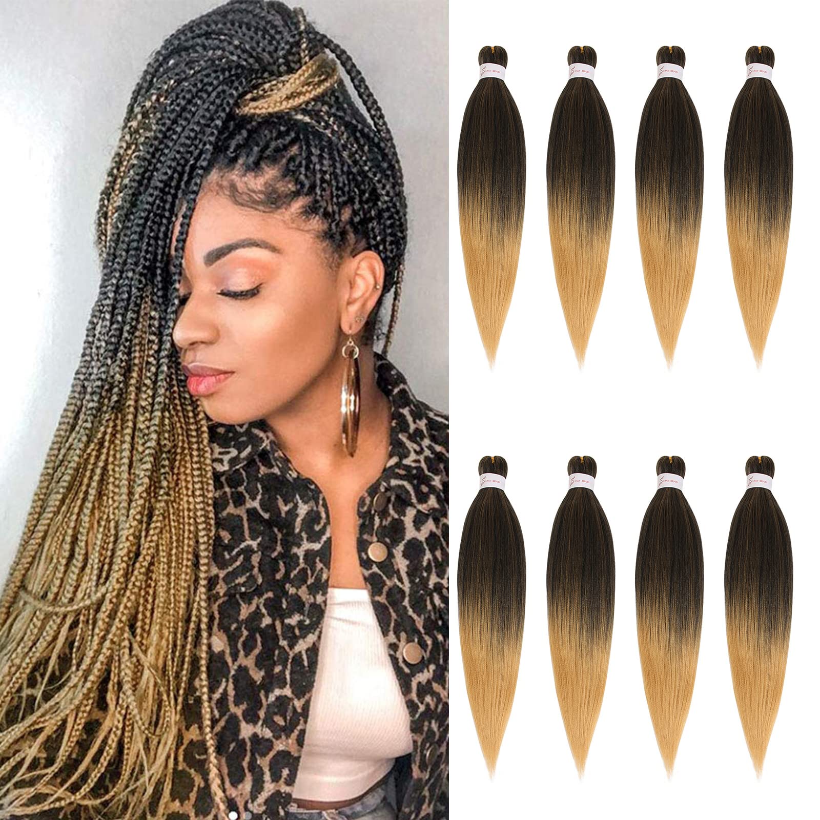 Xtrend 16 Inch EZ Braids 8Packs Pre-Stretched Easy Braiding Hair Extensions for Box Braids Hair Ombre Blonde Hot Water Setting Synthetic Fiber Hair Extensions T27#