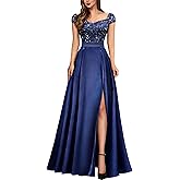 Miusol Women's Elegant V-Neck Sequin Lace Contrast Satin Split Bridesmaid Maxi Dress