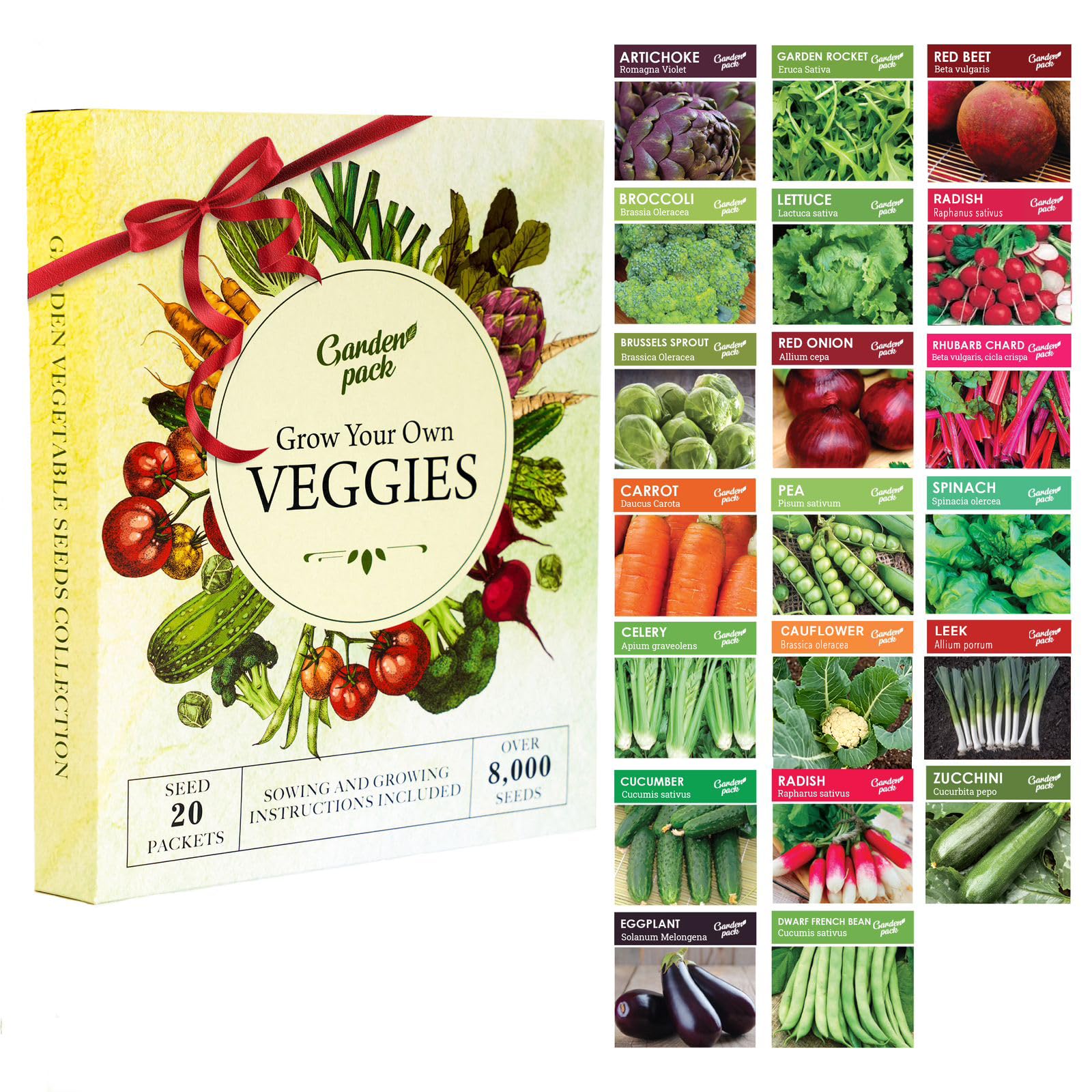 Garden Pack Grow Your Own Vegetable Seeds - 20 Packets Variety – High Yield Seeds for Growing Veggies at Home – 8,000 Heirloom Seeds Gardening Gifts