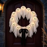 Ghost Wreath, Front Door Halloween Decor, 22-Inch Lit with Remote and Timer | 22-inch gauze ghost wreath with 12 warm LEDs, 8 light modes, dimming, a 6-hour timer, remote control, and removable bow.