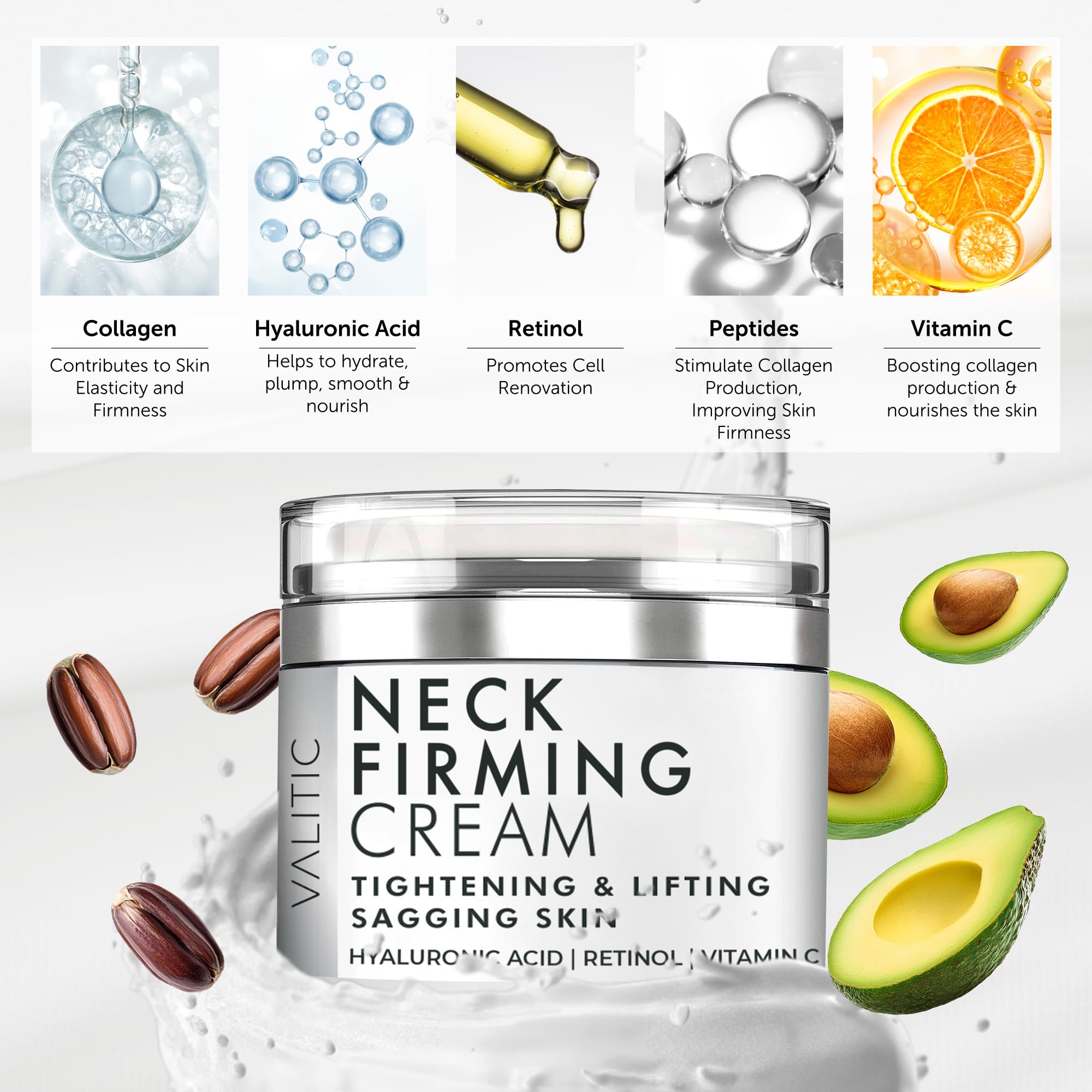 VALITIC Neck Cream for Tightening and Firming - Hyaluronic Acid, Retinol, and Vitamin C - Anti Aging Tightening & Lifting Sagging Skin Day and Night Cream