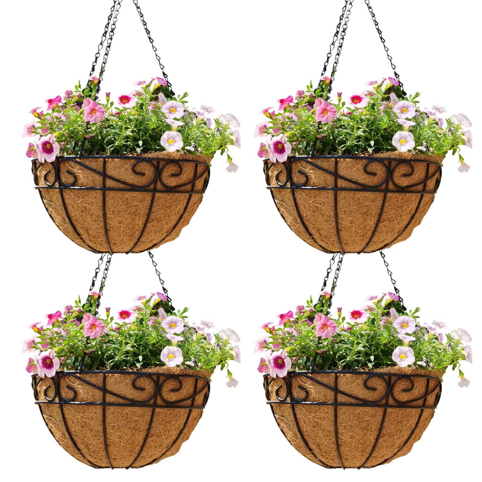 Photo 1 of 12 inch Metal Hanging Baskets For Plants Outdoor 4 Pack Round Metal Wire Hanging Basket Planter with Coco Fiber Liners Chain Round Wire Plant Holder for Garden, Patio, Deck, Porch Plants Flower Potss