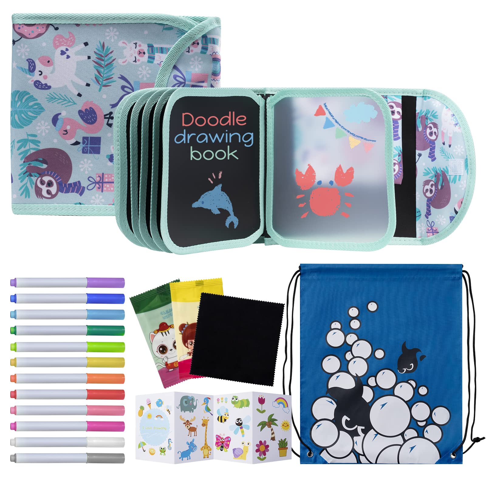 Erasable Drawing Pad, 8inch Plane Activities for Kids, Mint Color Animal Party Travel Toys Doodle Book for Kids 3 4 5 6 7 8 Year Old Boy Girl Birthday Gifts, 14 Pages for Magic Drawing with 12 Marker