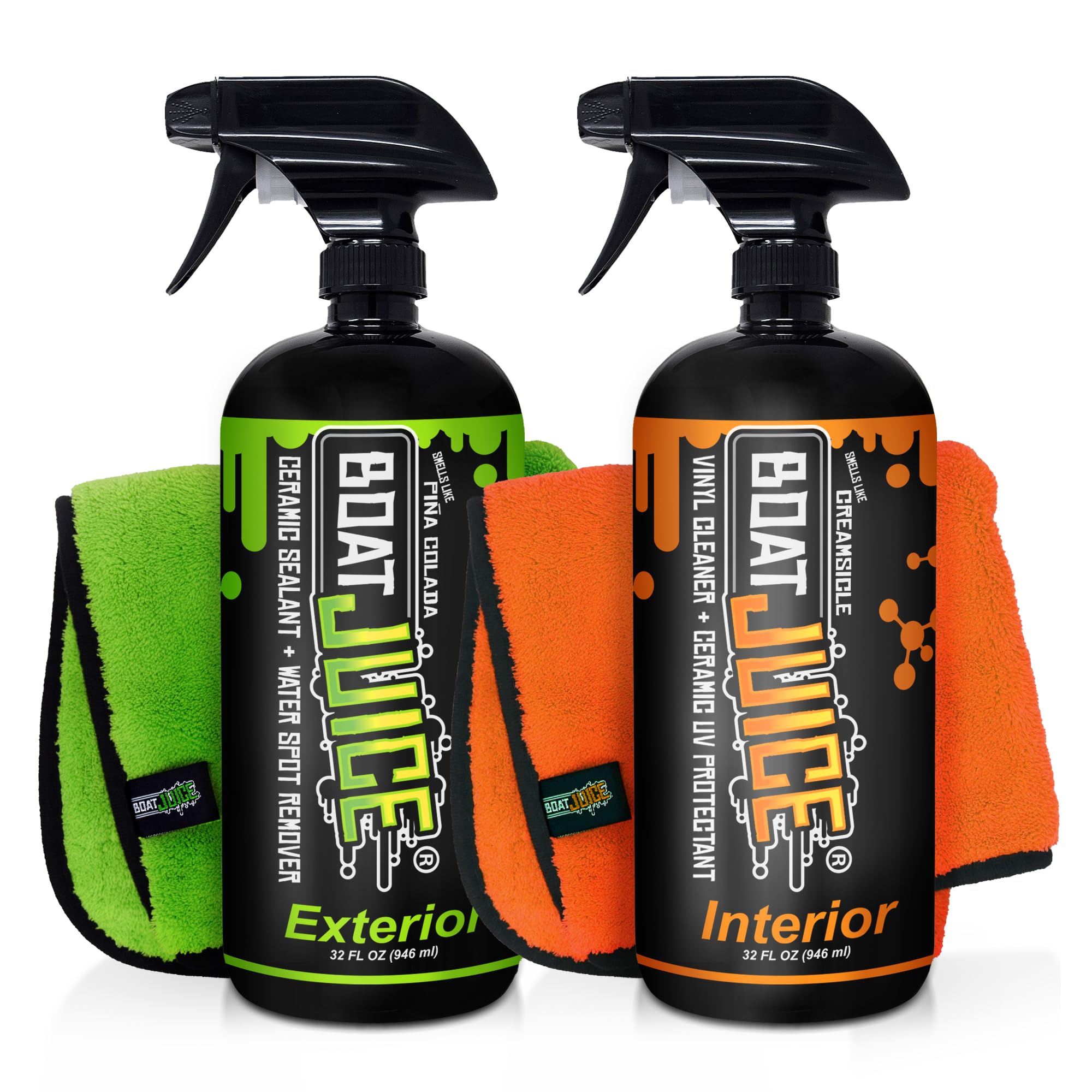 Photo 1 of Boat Juice Necessity Boat Cleaner Kit | Exterior Water Spot Remover, Interior Seat & Vinyl Cleaner, 2 Microfiber Towels | Boat Cleaning & Detailing Kit, Marine Accessories | Made in USA (Kit)