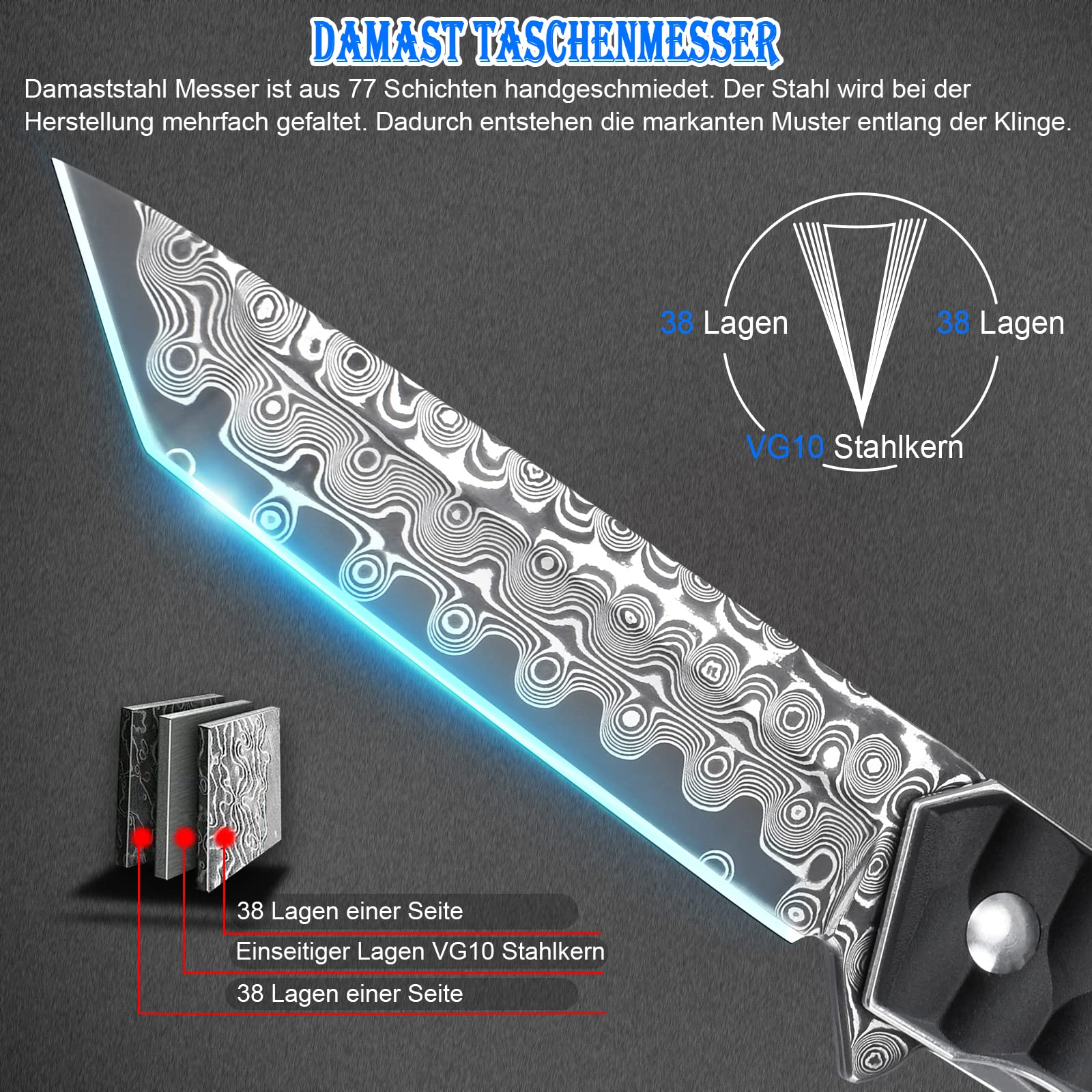 AUBEY Damast Taschenmesser Klappmesser mit Clip, Damaststahl Klinge Tanto Messer mit Flipper, Liner Lock, Aluminium Griff, Glasbrecher, Geschenkbox - Einhandmesser für EDC Jagd Camping Sammeln 3