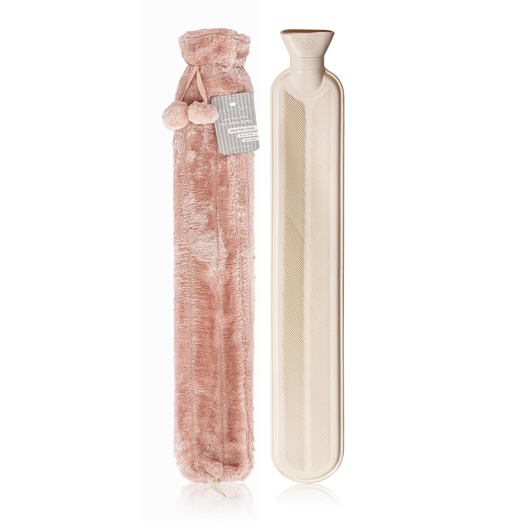 Revitale Extra Long Hot Water Bottle with Soft Faux Fur Pom Pom Cover – 72cm, 2 Litre British Standard (Rose Pink)
