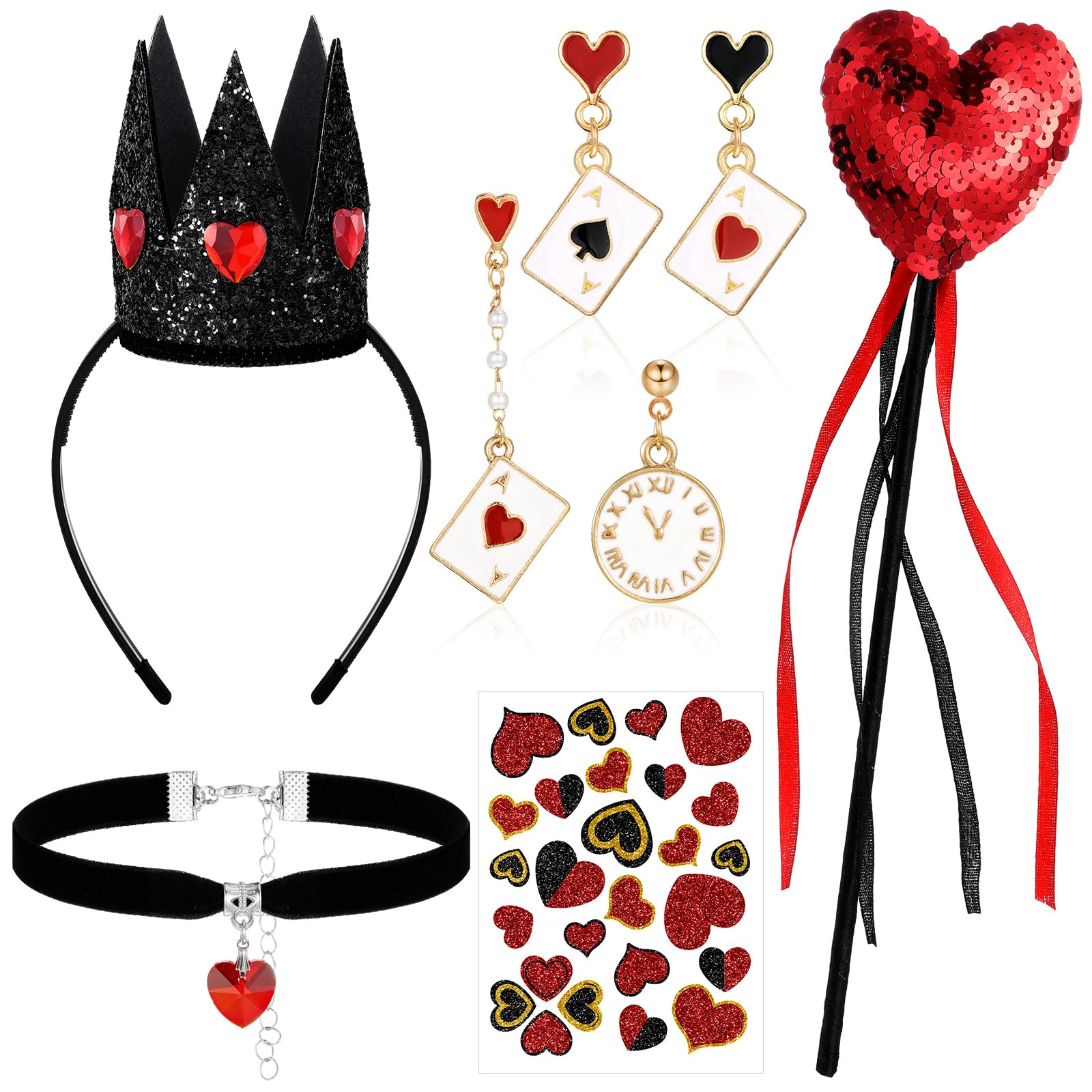 Photo 1 of Cuffbow 6Pcs Halloween Queen Costume Accessories Cosplay Crown Necklace Poker Earrings Red Heart Scepter Glitter Stickers (Black, Red)