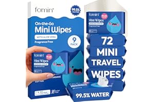 FOMIN On-the-Go Mini Wipes – 9 Pack Unscented with Aloe Vera 99.5% Purified Water - Plant-Based, Biodegradable Fibers, Dermat