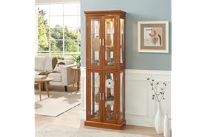 ANVEFFEG 70" Lighted Curio Cabinet with Tempered Glass Doors - Oak Wooden Curio Cabinet for Collectibles, China & Antiques, Adjustable Glass Shelves, Lockable, Mirror Back (E26 Bulb Not Included