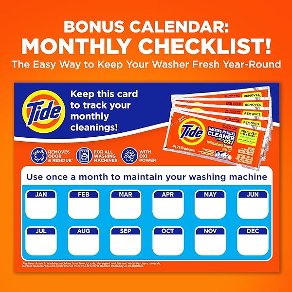 WASHING MACHINE CLEANER BY TIDE, WASHER MACHINE CLEANER WITH OXI FOR FRONT AND TOP LOADER WASHER MACHINES, DEEP CLEANING RESIDUE & ODOR ELIMINATOR, 5 MONTH SUPPLY (PACKAGING MAY VARY)