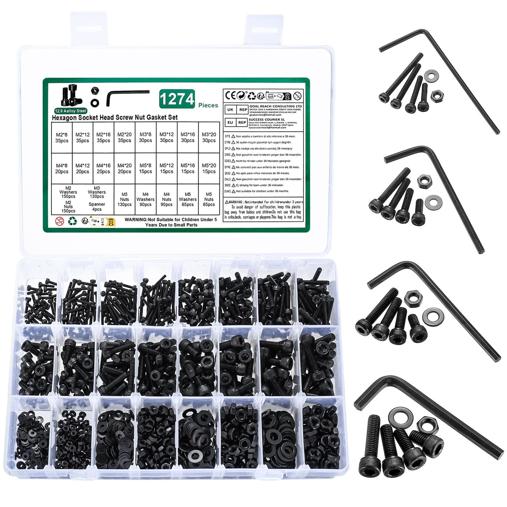 Photo 1 of 1274 Pcs M2 M3 M4 M5 Metric Screw Set, Hex Socket Head Cap Screws Nuts and Washers Assortment Kit, Metric Bolts and Nuts Kit, 12.9 Carbon Steel Assorted Machine Screw Assortment Kit, with 4 Spanner