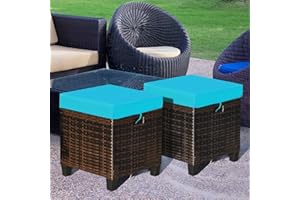 Toolsempire Patio Ottoman Outdoor Rattan Wicker Ottoman Seat, 2 Pieces All Weather Footstool Footrest Seat with Removable Cushions, Outdoor Ottoman Set for Patio, Porch, Poolside (Turquoise)