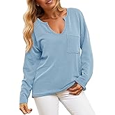 Cicy Bell Womens Tops Oversized Long Sleeve V Neck Shirts Casual Loose Fit Knit Tee Shirt with Pocket
