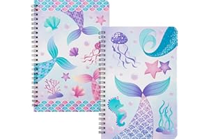B1ykin A5 Spiral Notebooks - 2Pcs 50 sheets 100 Pages Cute Wire Bound Travel Journal Spiral Notebook, Writing Notepads Memo Diary Notes Study School Work for Kids School Classroom Office (Mermaid)