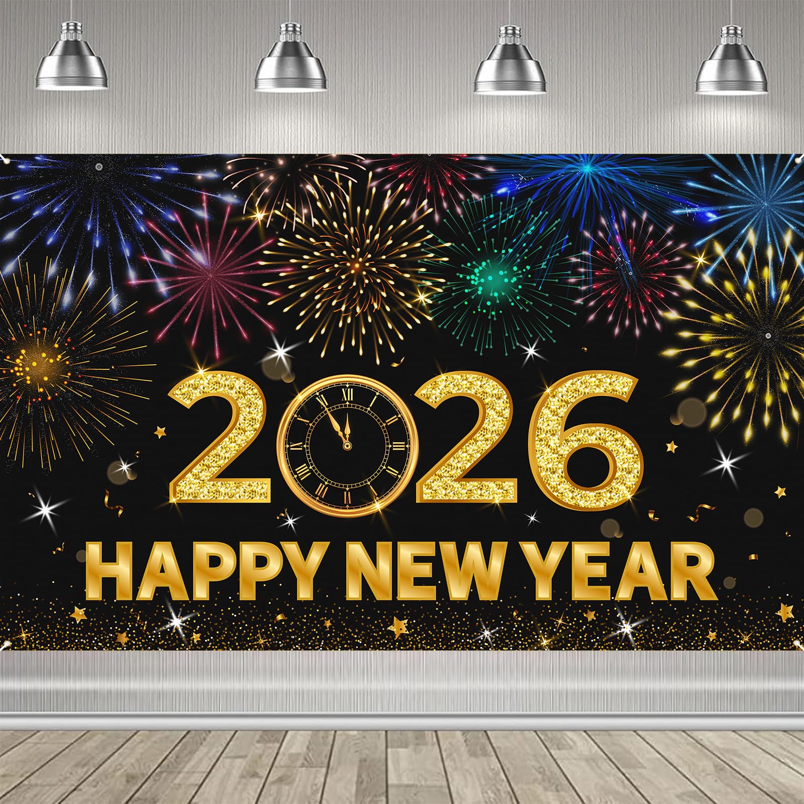 Photo 1 of 2026 Happy New Year Banner, 72x44 Inches - Golden Fabric New Year Backdrop for New Year's Eve Celebration