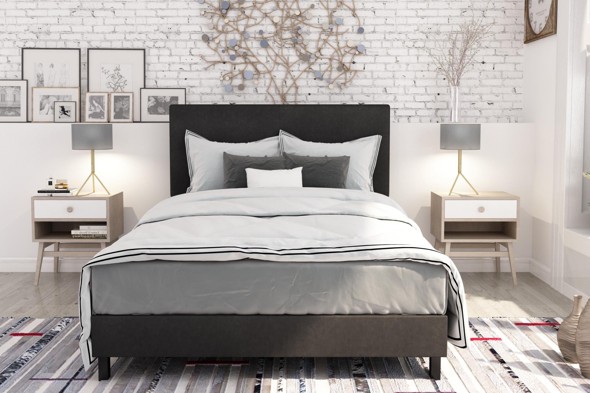 DHP Janford Upholstered Bed with Chic Upholstered Headboard, Black Faux Leather, Queen