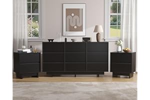 SINROM 3-Piece Bedroom Dresser Set, Black 9 Drawer Dresser and Nightstands Set of 2, Mid Century Modern Chest of Drawers and Night Stands, 3 Pcs Bedroom Furniture Set