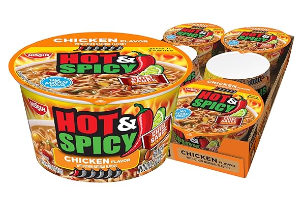 NISSIN HOT & SPICY RAMEN NOODLE SOUP, CHICKEN, 3.32 OUNCE (PACK OF 6)