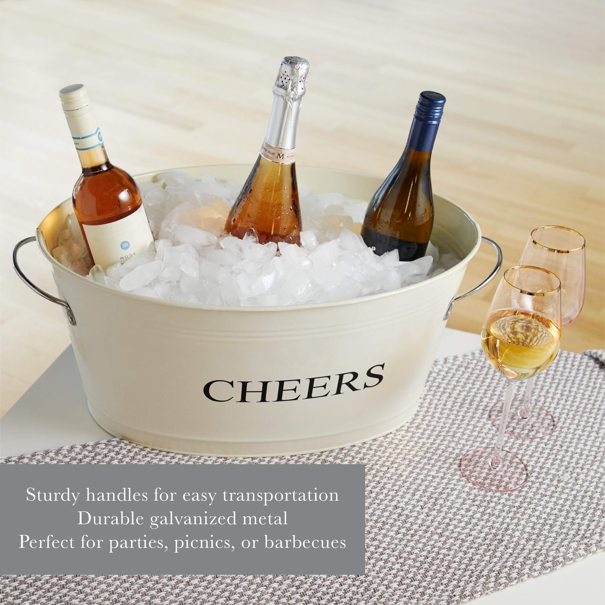 Twine Cheers Beverage Tub, Galvanized Tubs for Entertaining, Drink Buckets for Parties, Large Ice Tub and Gift Basket, Beer Buckets, Cream, 6.3 Gallons Set of 1
