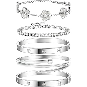 JINDETAI Stackable Silver Bracelets for Women - 3/4/5 Sets, Non-Tarnish Stainless Steel & Sterling Silver Trendy Stackable Ba