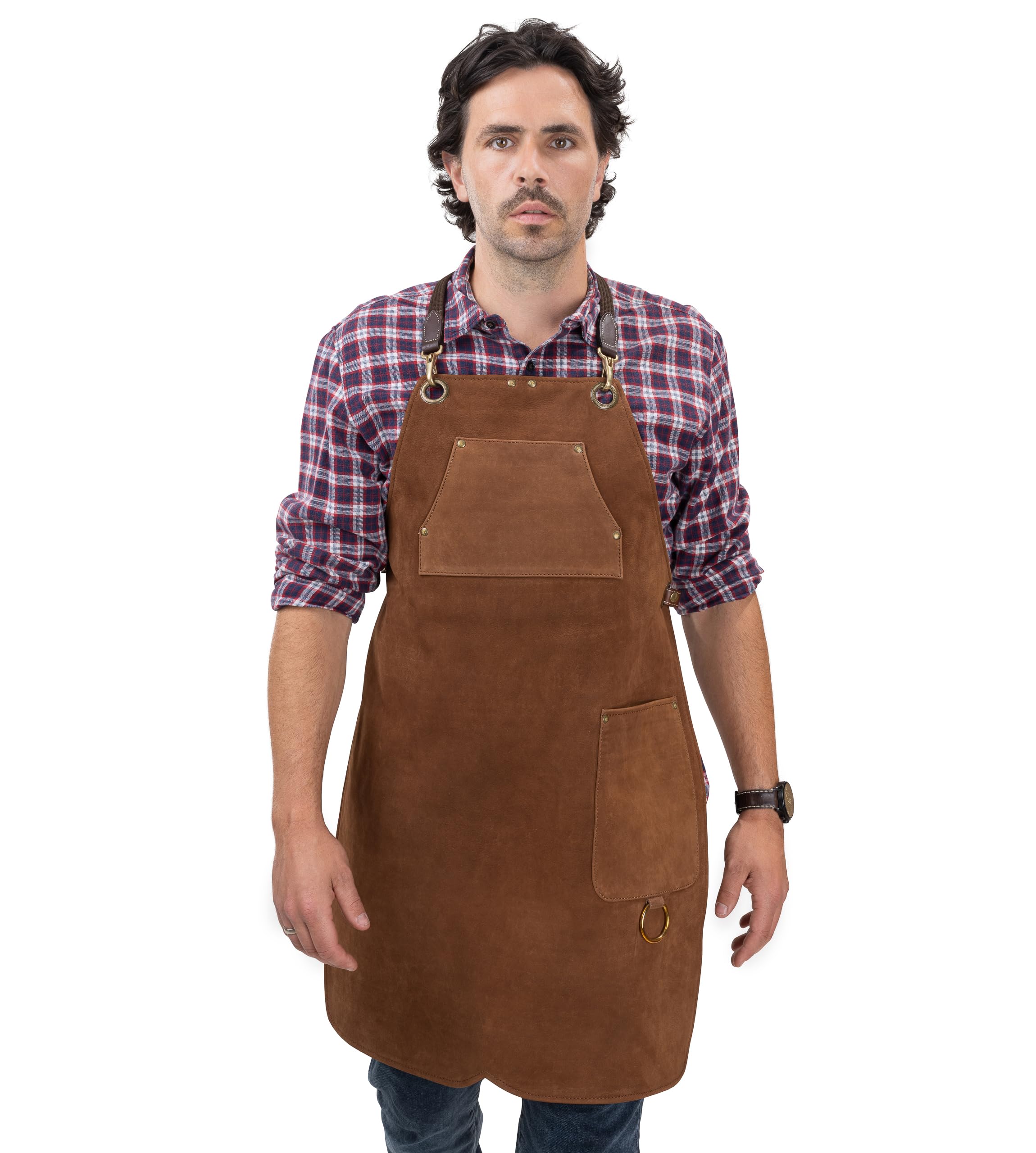 Angus Stoke Premium Leather Apron - Full Leather BBQ Apron - One-Cut Vintage Leather Apron - BBQ & Kitchen - Stan, brown, L-XL