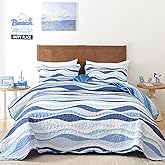 DJY Blue Seawaves Ocean Quilt Set King Coastal Beach Theme Quilt Coverlet Soft Microfiber Reversible Bedspread with 2 Pillow Shams 3 Pieces Nautical Stripe Bedding Quilt for All Season 104"x90"